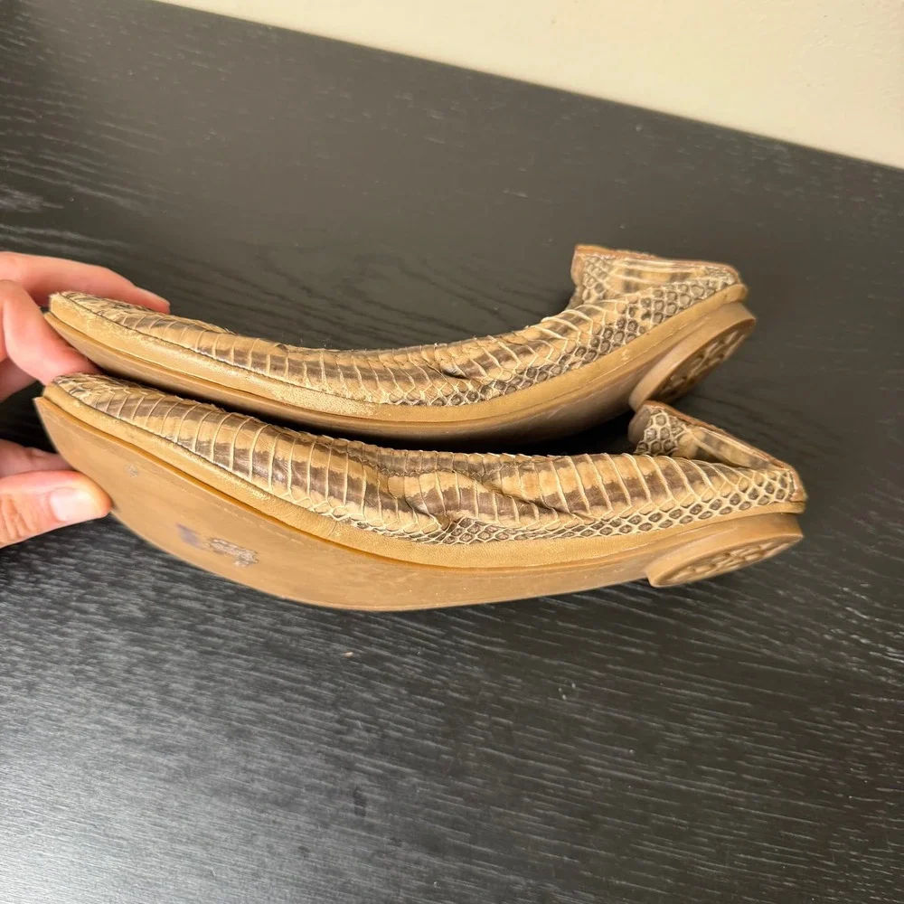 Tory Burch Reva Snakeskin Embossed Leather Ballet Flats Tan Brown Women Size 6.5